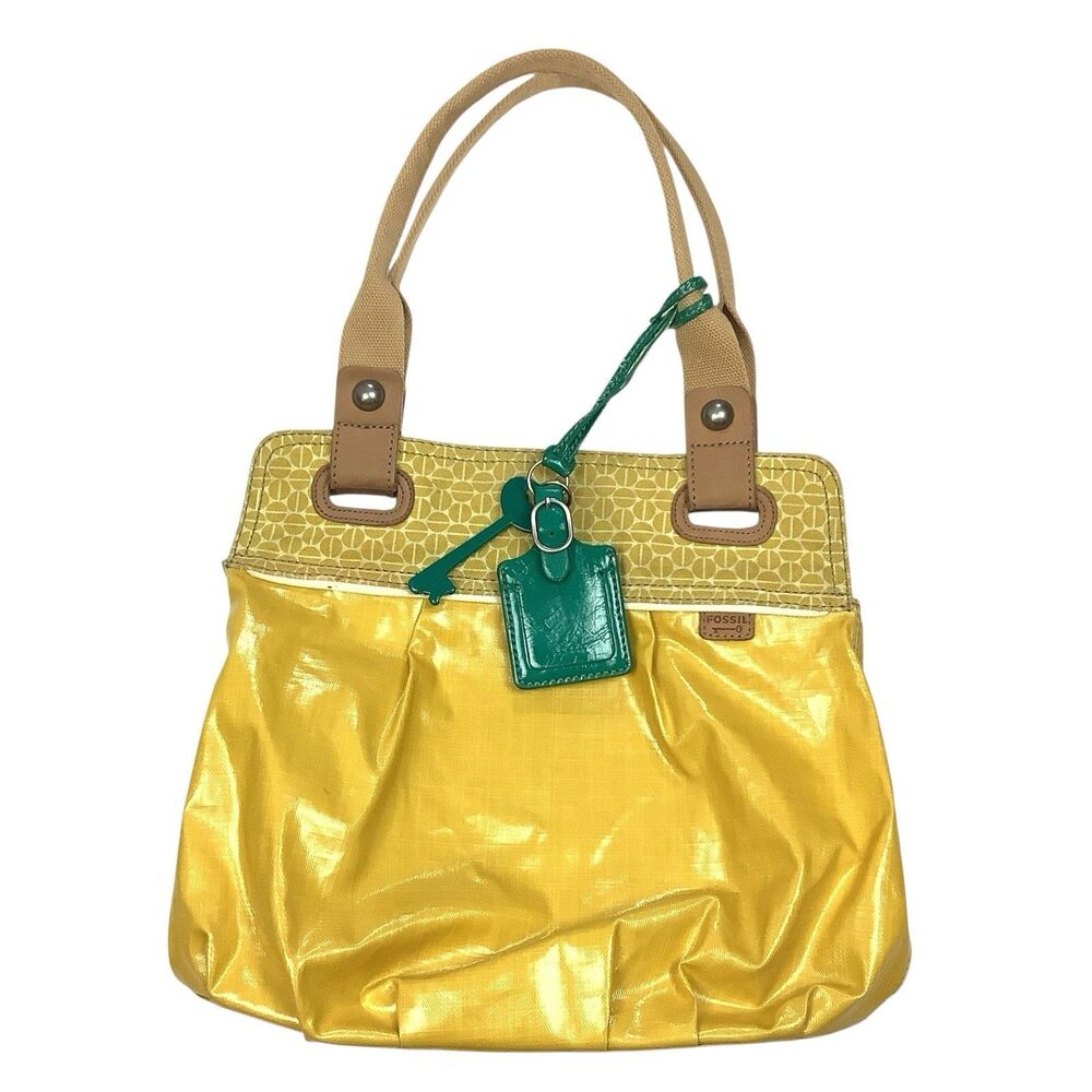 Fossil Key-Per Handbag Purse Double Handle Shoulder Bag Yellow Coated Canvas Tot